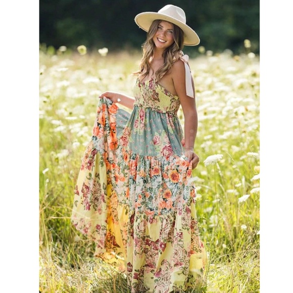 Floral Boho Maxi Flared Dress Shoulder Ties Smocked Shirred Bodice - Picture 9 of 12